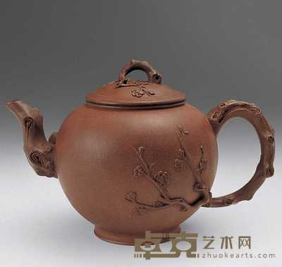 民国 范正根款紫砂贴塑桃花纹报春壶 高14.8cm